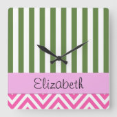 Horloge Carrée Pink Zigzag, chevron, Green Stripes, Your Name (Recto)