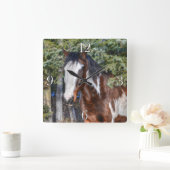 Horloge Carrée Pinto Peinture Stallion & Arbres À feuillage persi (Maison)