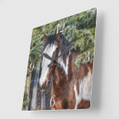 Horloge Carrée Pinto Peinture Stallion & Arbres À feuillage persi (Angle)