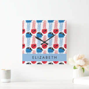 Horloge Carrée Pirate Jellyfish, Motif de méduses, Votre nom