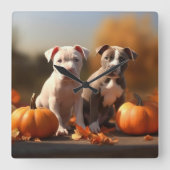 Horloge Carrée Pitbull Chiot Automne Citrouille de plaisir (Recto)