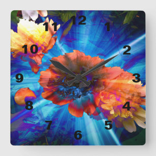 Horloge Carrée Pivoines en lumière bleue