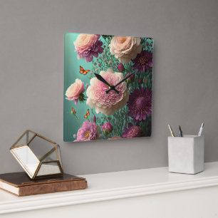 Horloge Carrée Pivoines vintage rose et bordeaux