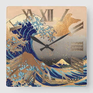 Horloge Carrée PixDezines Vintage Grande Vague Hokusai 葛飾北斎の神奈川沖浪