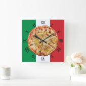 Horloge Carrée Pizza ~ Numéros romains ~ Drapeau italien ~ (Maison)
