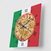 Horloge Carrée Pizza ~ Numéros romains ~ Drapeau italien ~ (Angle)