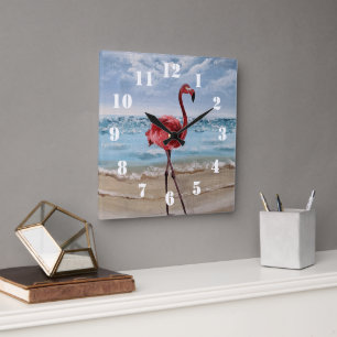 Horloge Carrée Plage aux Flamants
