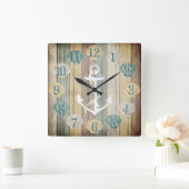 Horloge Carrée Plage Bois Rayures nautiques avec Carré Ancre Wa (Maison)