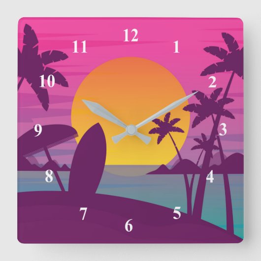 Horloge Carrée Plage de surf de coucher de soleil violet (Recto)
