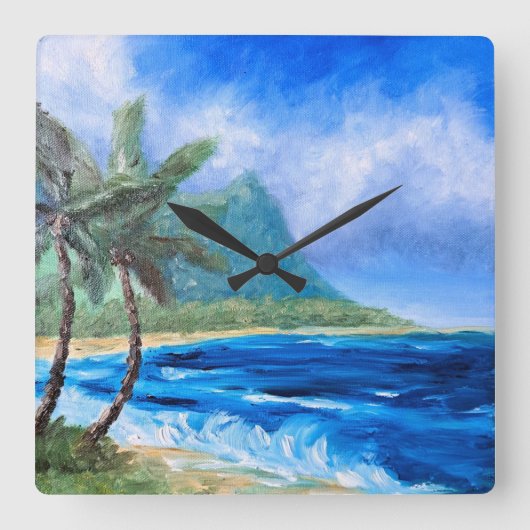 Horloge Carrée Plage Hawaii Sunny Peinture Paradis Tropical Palm (Recto)