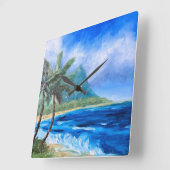 Horloge Carrée Plage Hawaii Sunny Peinture Paradis Tropical Palm (Angle)
