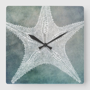 Horloge Carrée Plage Indigo Turquoise Blue Watercolor Starfish