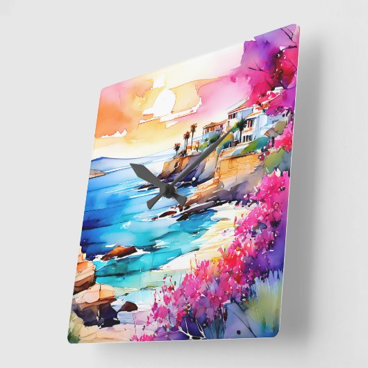 Horloge Carrée "Plage isolée" (Angle)