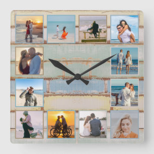 Horloge Carrée Plage Ocean Distressed Wood 12-photo Collage Photo