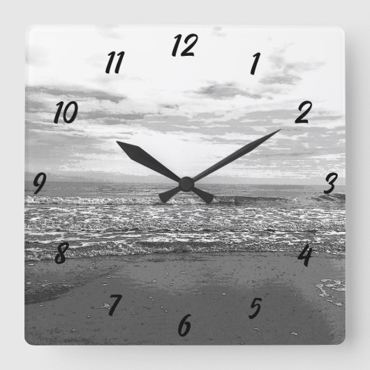 Horloge Carrée Plage Océan Mer Abstrait Noir Blanc Simple Scéniqu (Recto)