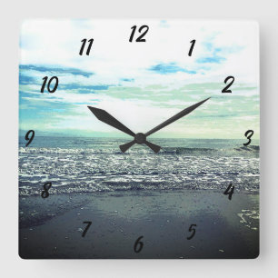 Horloge Carrée Plage Océan Mer Bleu Abstrait Gris Artistique Cute
