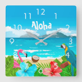Horloge Carrée Plage tropicale d'Aloha avec flamants et fleurs (Recto)