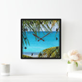 Horloge Carrée Plage tropicale encadrée de palmiers (Maison)
