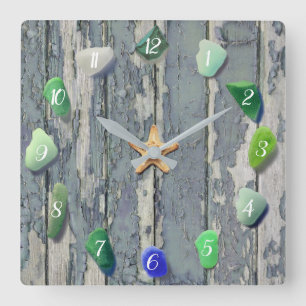 Horloge Carrée Plage Verre Décor Côtier Bois flotté bleu vert