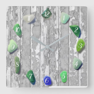 Horloge Carrée Plage Verre Décor Côtier Bois flotté Gris Vert