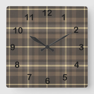 Horloge Carrée Plaid Tartan Maison de Campagne Rustique en Beige