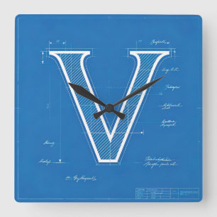 Horloge Carrée Plan détaillé Monogramme Lettre V