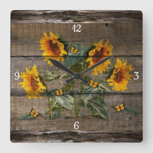 Horloge Carrée Planche à pain rustique Tournesol Papillons