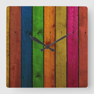 Horloge Carrée planches de bois colorées magnifiquement