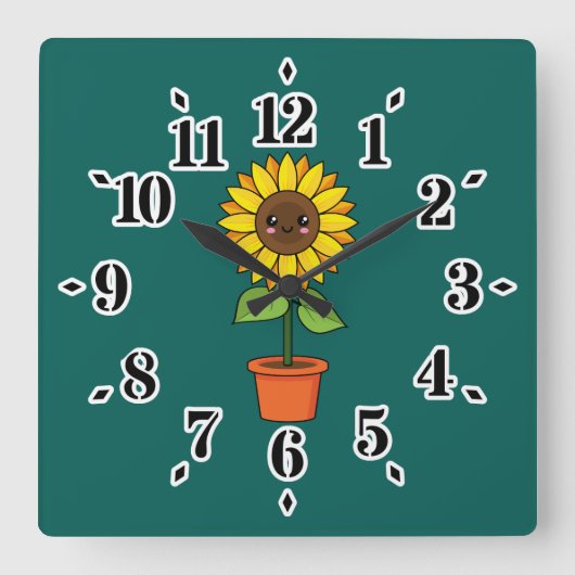 Horloge Carrée Plante de tournesol Kawaii dans un pot (Recto)