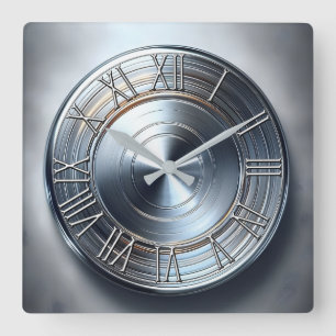 Horloge Carrée plaque ronde en nickel poli