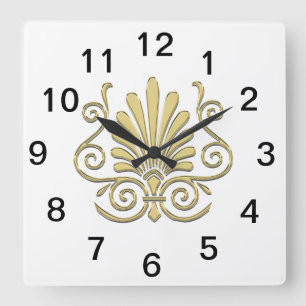 Horloge Carrée Plume Art Déco vintage arabesque doré