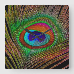 Horloge Carrée Plume de paon en cuivre vibrant