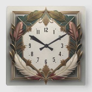 Horloge Carrée Plumes Art Déco