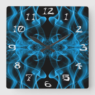 Horloge Carrée Plumes de fumée bleue sur noir avec des chiffres