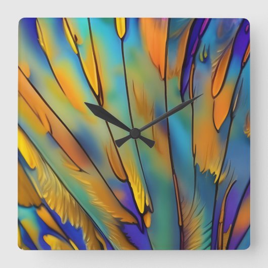 Horloge Carrée Plumes en verre tendu AI Art Abstrait (Recto)