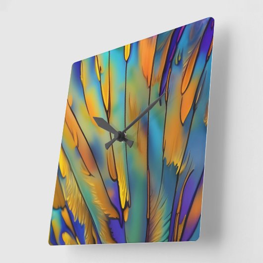 Horloge Carrée Plumes en verre tendu AI Art Abstrait (Angle)