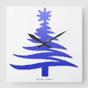 Horloge Carrée Pochoir d'arbre de Noël Bleu Cobalt