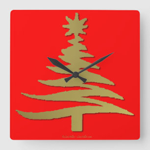 Horloge Carrée Pochoir d'arbre de Noël Or