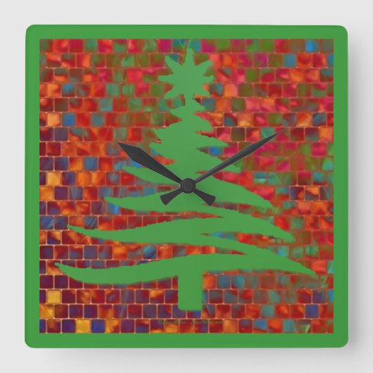 Horloge Carrée Pochoir d'arbre de Noël vert (Recto)