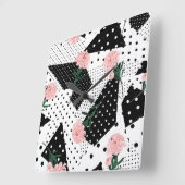 Horloge Carrée Points Abstraits modernes et fleurs roses (Angle)