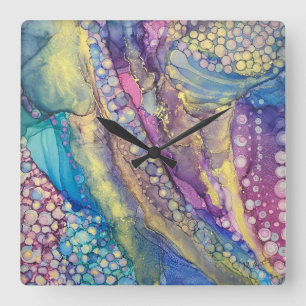 Horloge Carrée Points colorés Encre d'alcool Liquide Art Abstrait