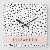 Horloge Carrée Points dalmatiens, Spots, Noir et Blanc, Votre nom (Recto)