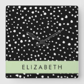 Horloge Carrée Points dalmatiens, Spots, Noir et Blanc, Votre nom (Recto)