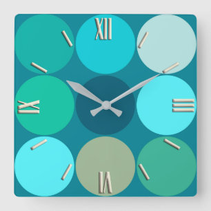 Horloge Carrée Points géants du milieu du siècle, Turquoise, Aqua