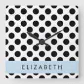 Horloge Carrée Pois noirs et blancs, pointillés, Votre nom (Recto)
