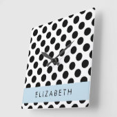 Horloge Carrée Pois noirs et blancs, pointillés, Votre nom (Angle)