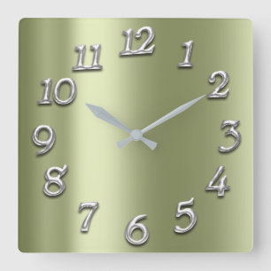 Horloge Carrée Pois Vert Métallurgique Arabes Numéros Gris Argent