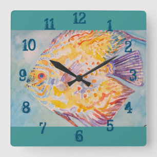 Horloge Carrée Poisson coloré Aquarelle Enfants Garçons Place Nur