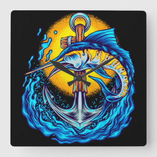 Horloge Carrée Poisson Marlin avec Ancre