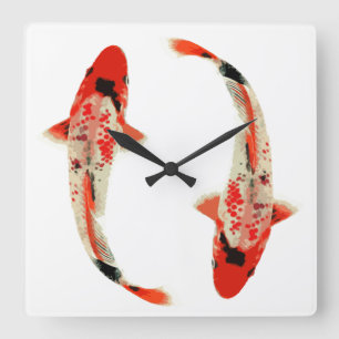 Horloge Carrée Poisson rouge, blanc et noir Koi